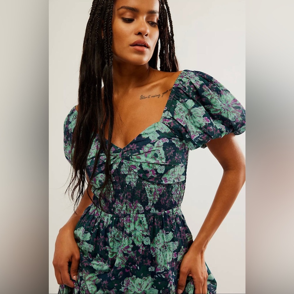 Free People Floral‎ Sundrenched Short Sleeve Maxi Dress Navy Blue Green Size M - Picture 4 of 15
